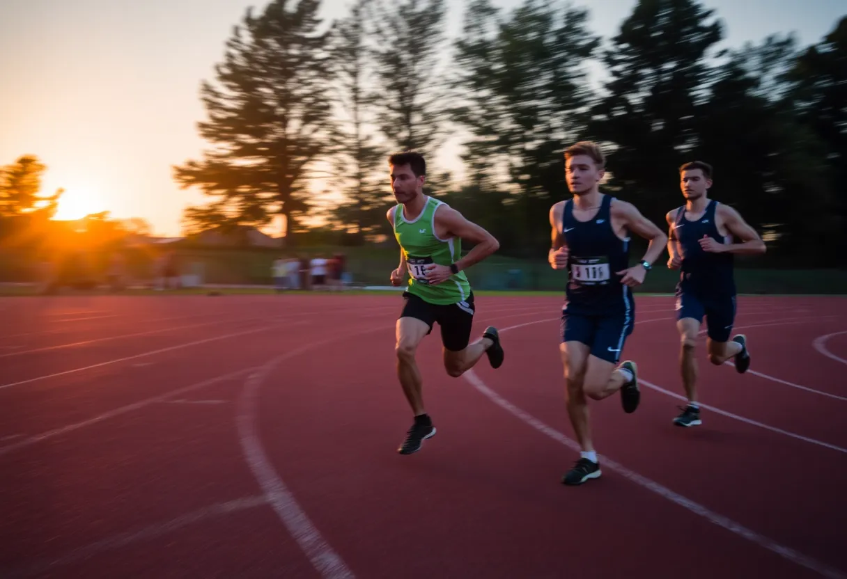 Relay runners passing a baton on an outdoor track at sunset