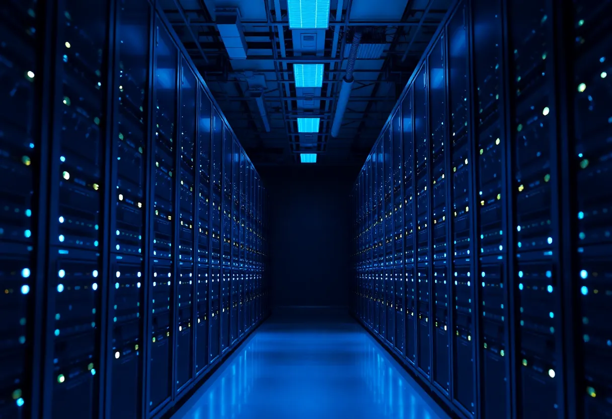 A long data center aisle with rows of server racks