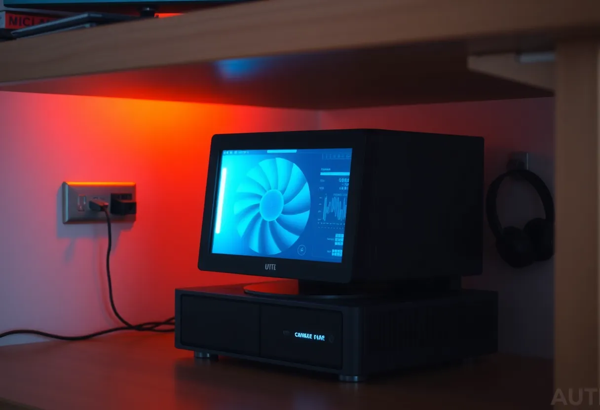 A small desktop computer under a desk with a faint fan glow