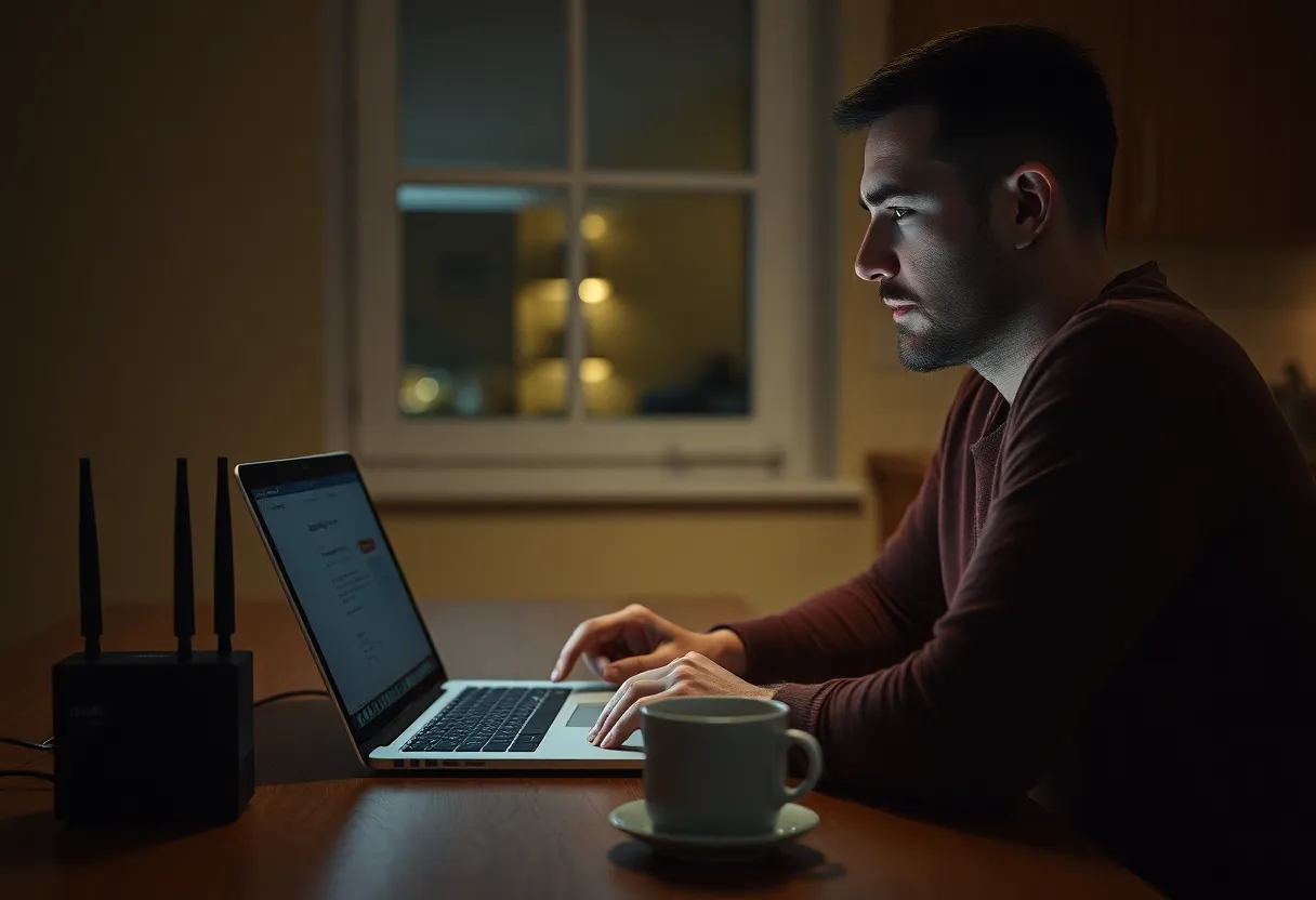 Man at a kitchen table at night checking a laptop next to a home router