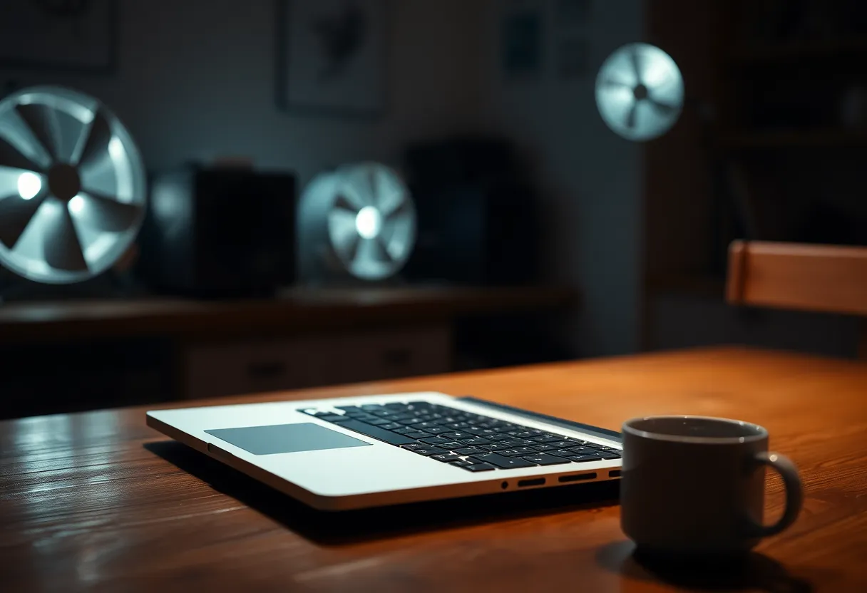 A thin laptop on a kitchen table at night with a cold mug of coffee beside it