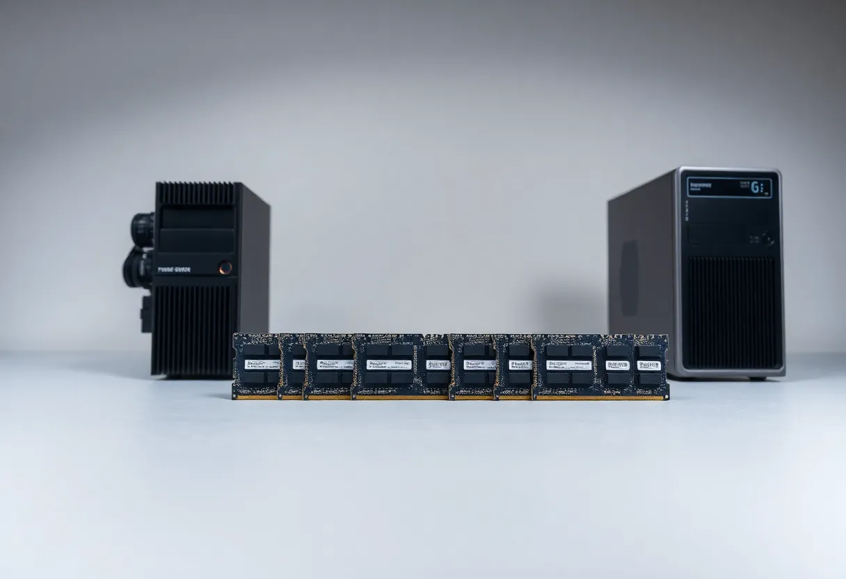 Memory modules of increasing size laid out on a grey workbench next to a small desktop tower