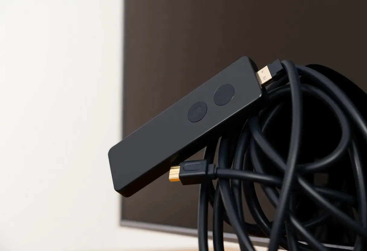 Streaming stick behind a TV with messy HDMI cables