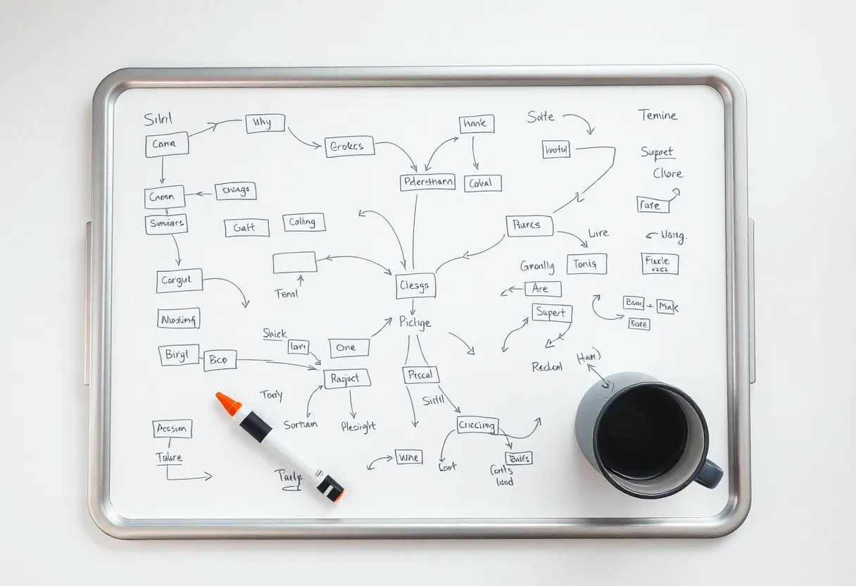 A whiteboard covered in a tangled hand-drawn flowchart with a marker and coffee mug