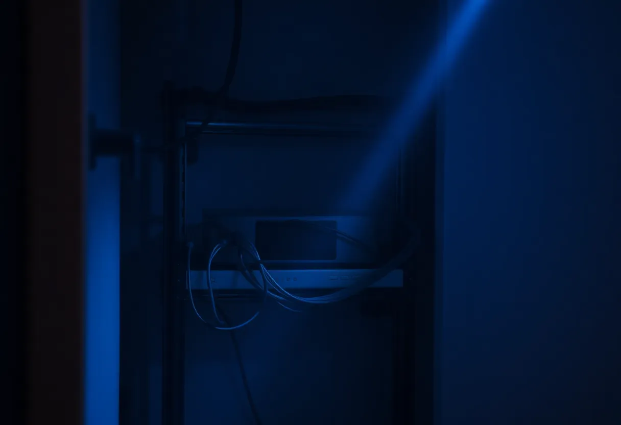 A small closet shelf holding one fanless computer and tangled ethernet cables in dim blue light