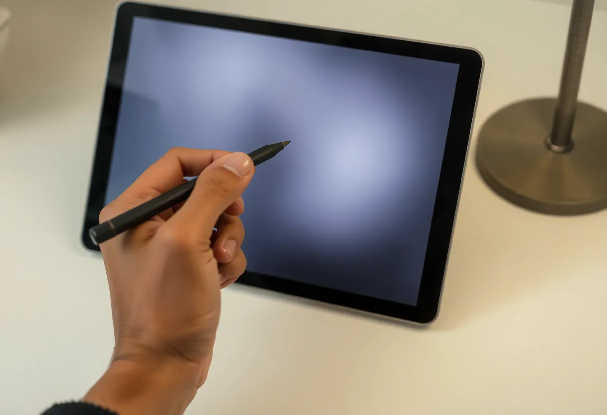 A hand holding a stylus beside a matte e-ink tablet screen with faint ghosting under a desk lamp