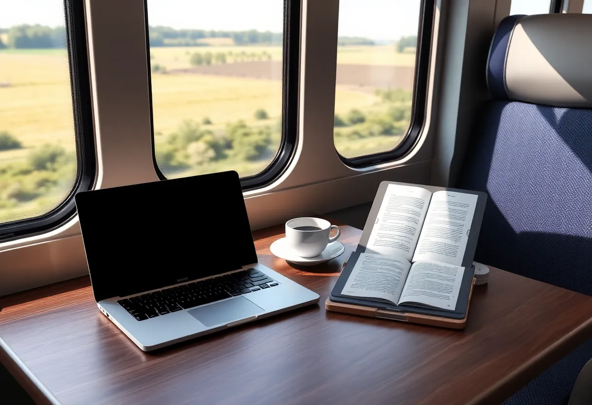A laptop and a slim grey reading tablet side by side on a train table with countryside passing outside