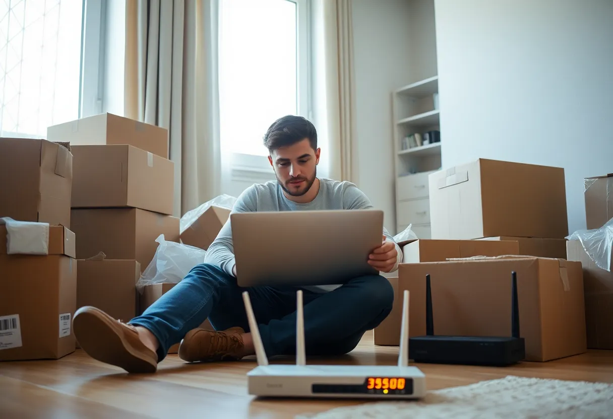 Man sitting among moving boxes in a new apartment with a laptop and a fiber router beside him