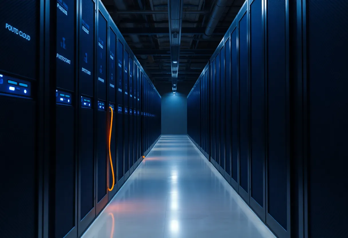 Row of rented servers in a data center aisle with status lights glowing