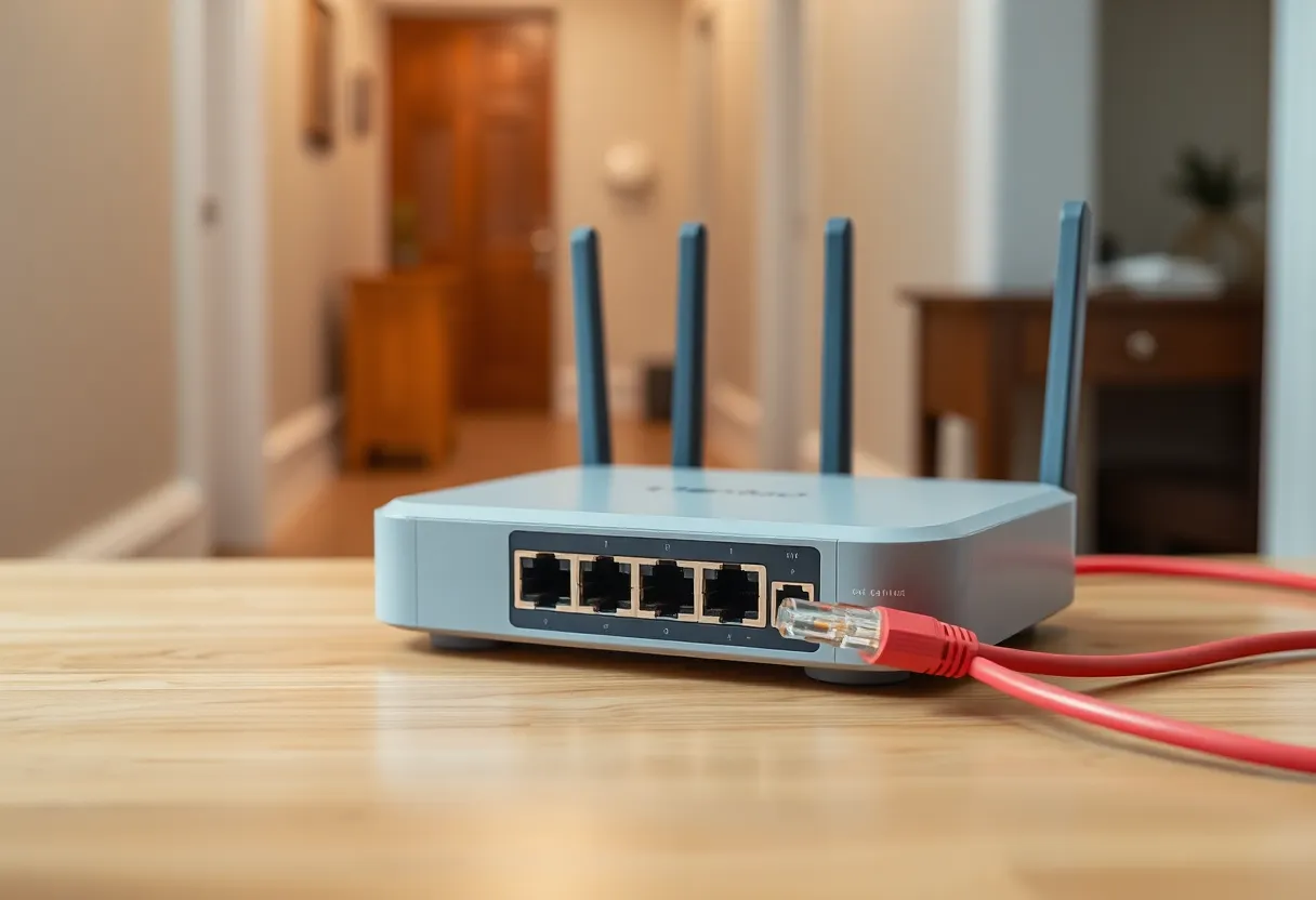 Home router on a hallway table with two different colored ethernet cables