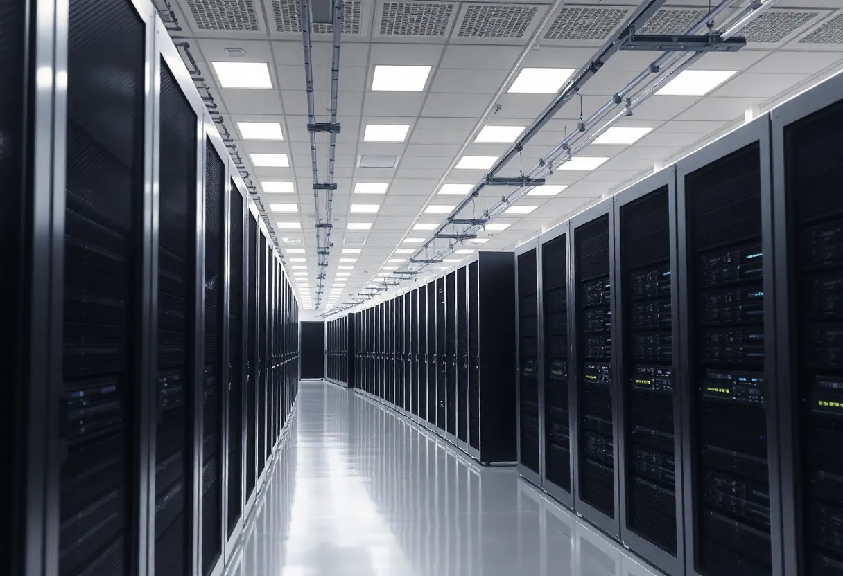 Long aisle of identical servers in a cloud data center under cool white light