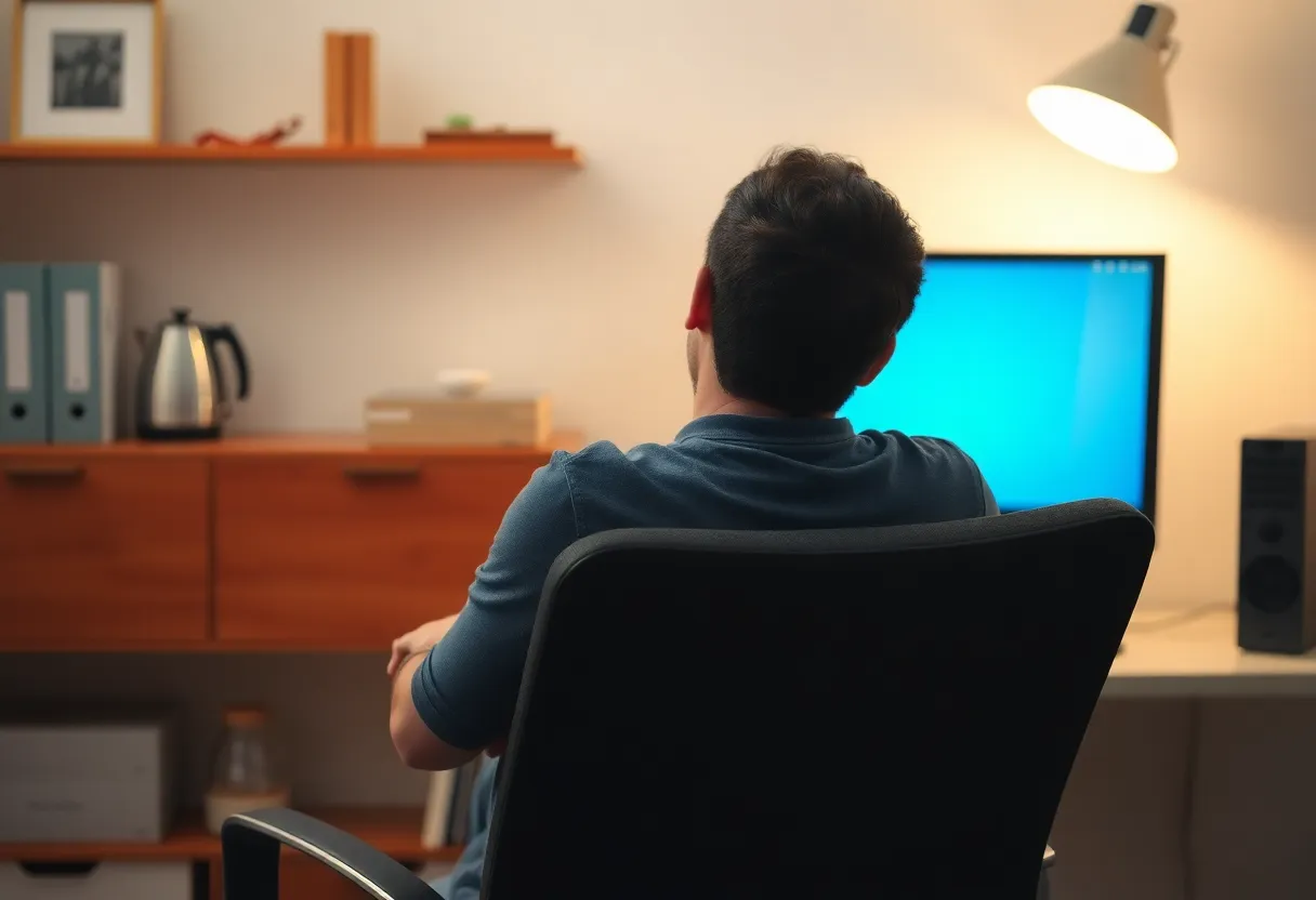A person leaning back in a desk chair with arms crossed, waiting in front of a computer while a kettle steams behind them