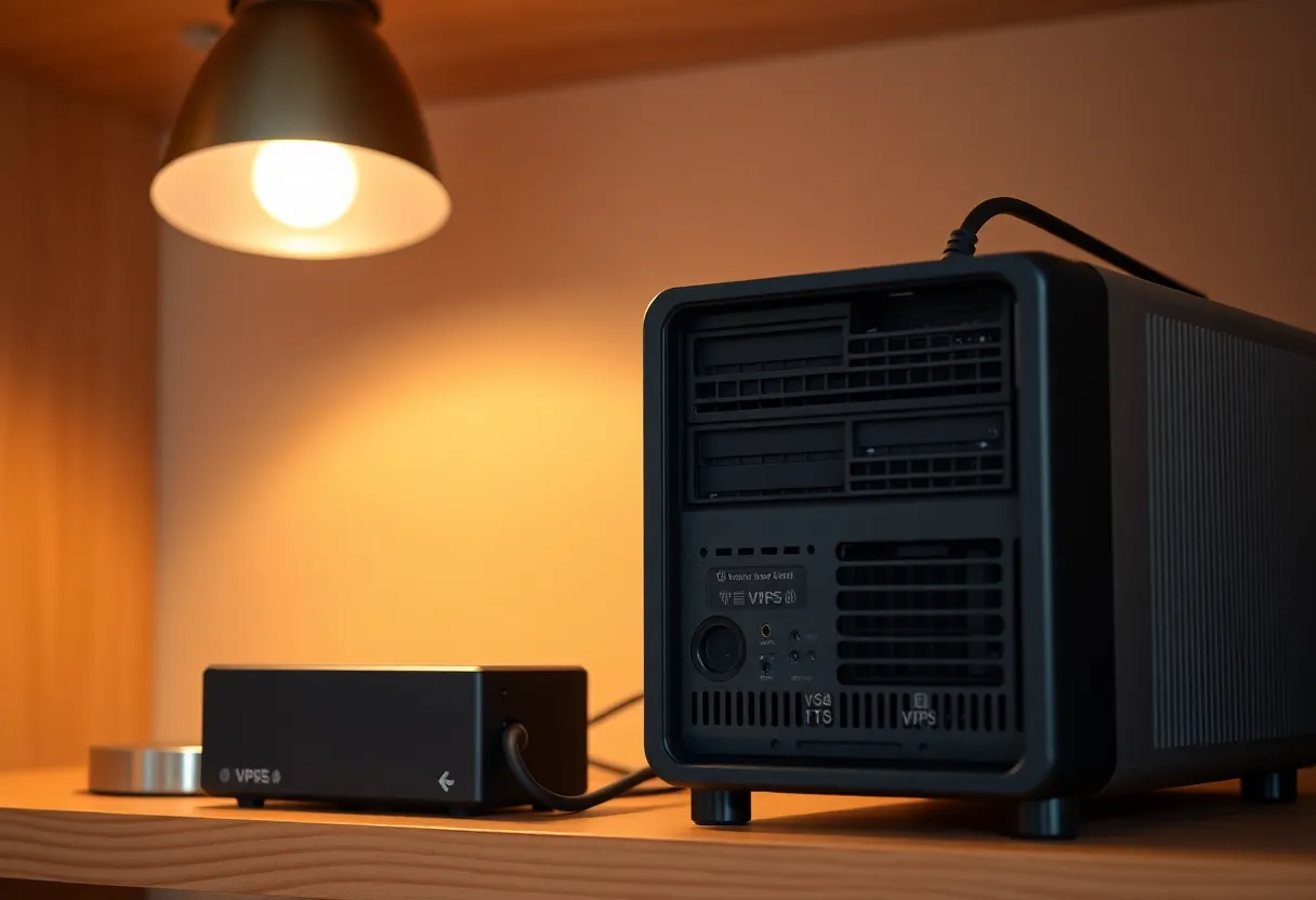 External hard drive connected to a small rack server on a wooden shelf under a warm desk lamp