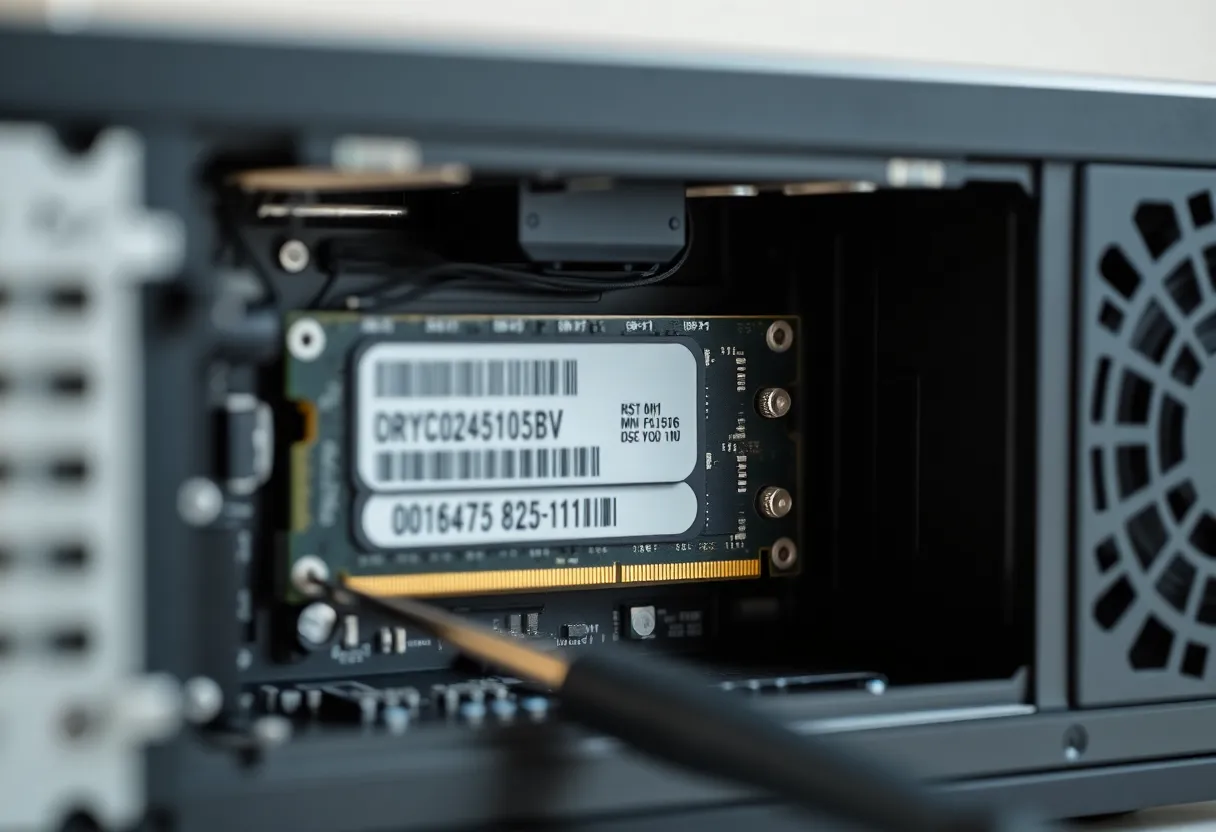 An open mini PC with two laptop memory slots, one filled and one empty, and a screwdriver resting beside it
