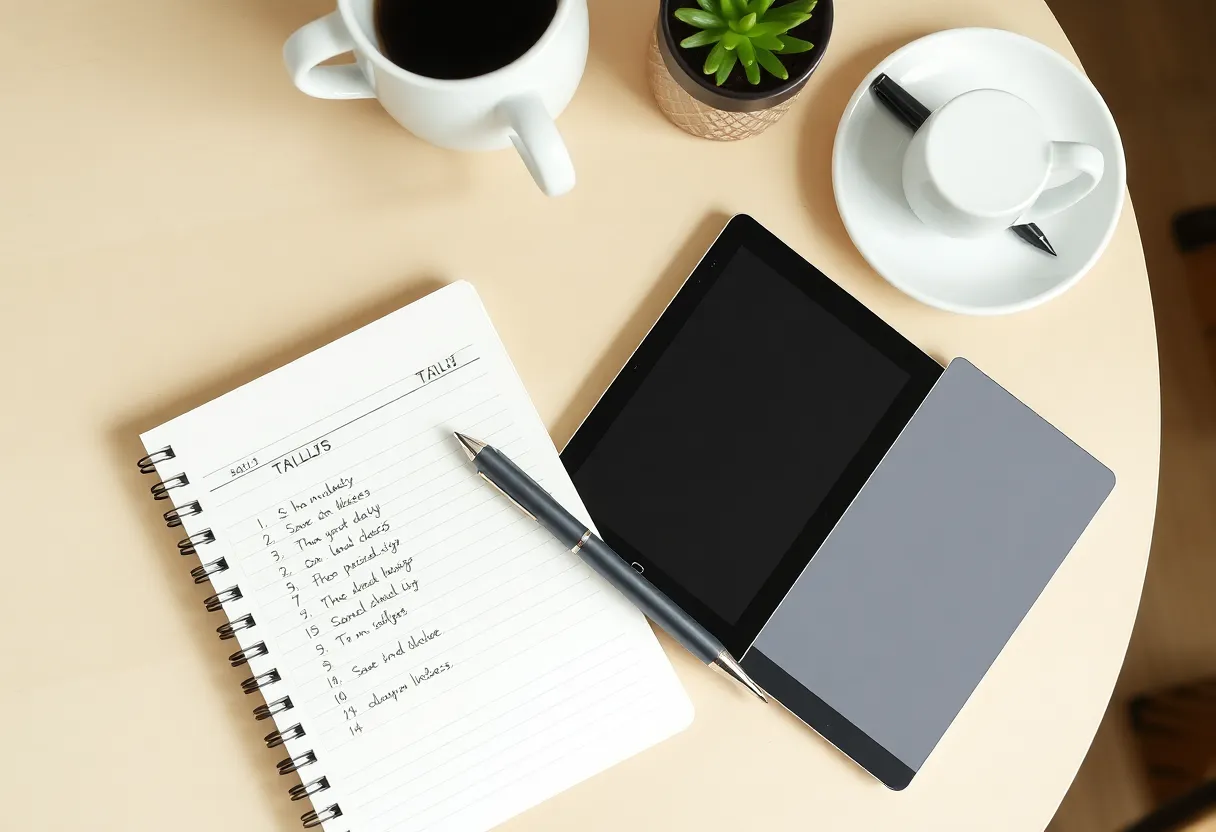 A spiral notebook with handwritten tally columns beside an e-ink tablet and pen on a kitchen table