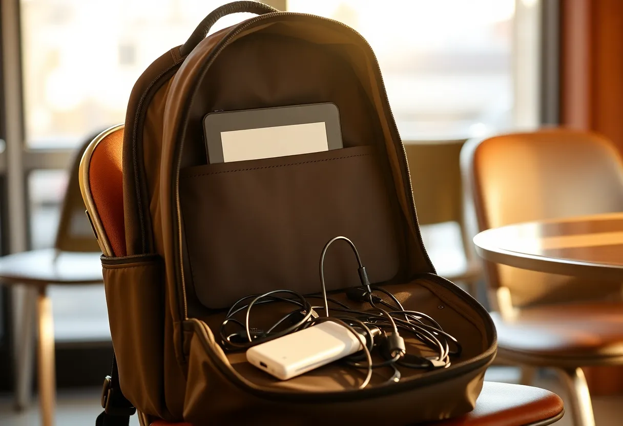A backpack on a café chair with an e-ink tablet sleeve, a power bank, and loose cables