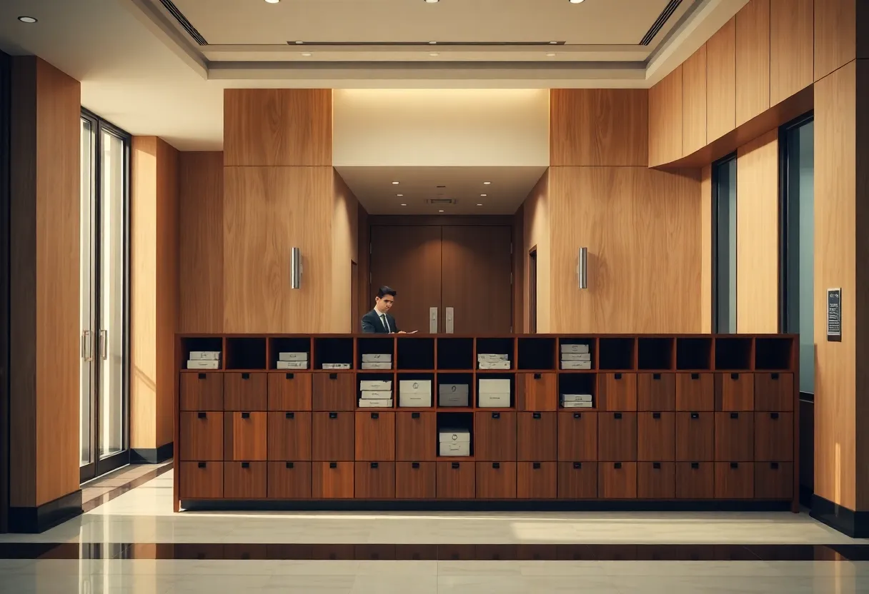Apartment lobby concierge desk sorting parcels into wooden cubbies