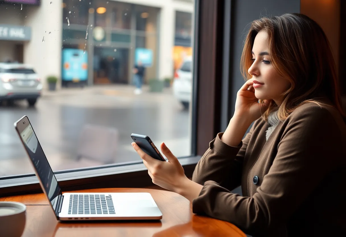 Woman at a cafe table checking her phone with a laptop open beside a rainy window