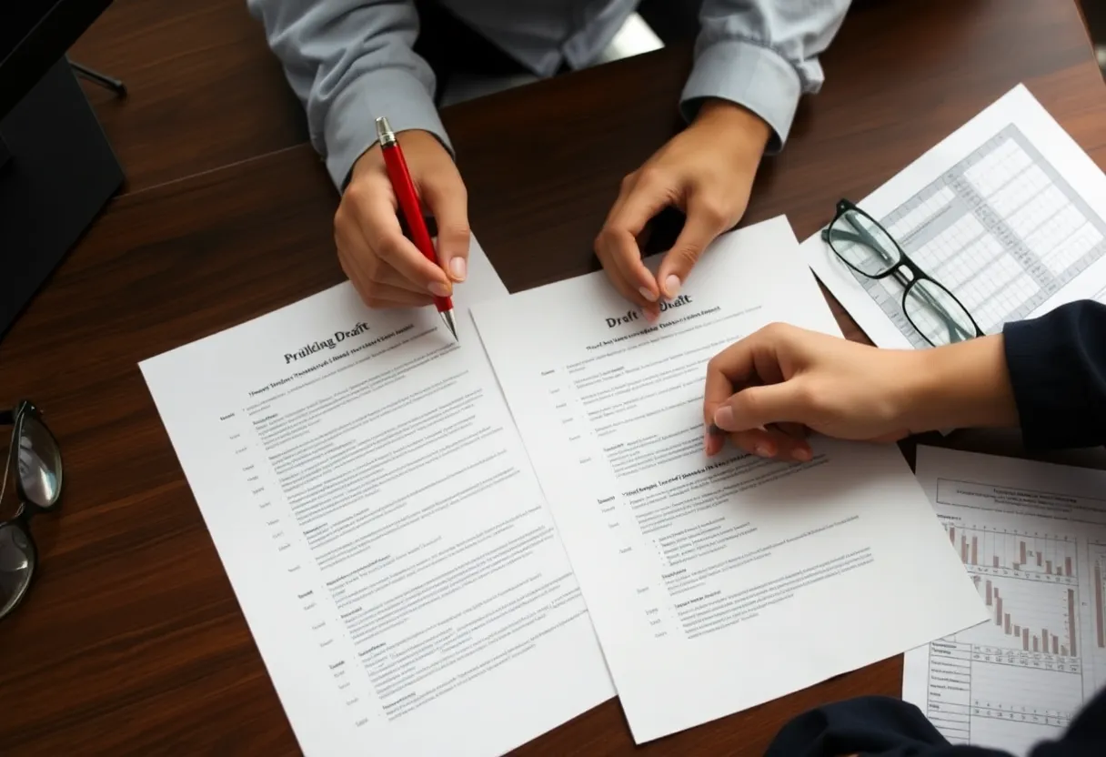 Hands marking two printed drafts side by side with a red pen, with reading glasses and a spreadsheet printout nearby