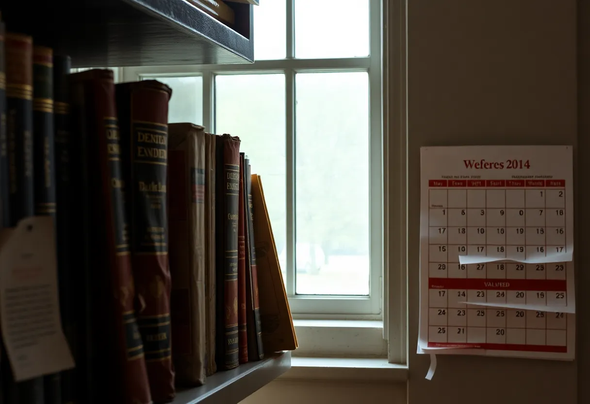 A shelf of old hardbound reference books gathering dust beside a wall calendar with torn-off pages