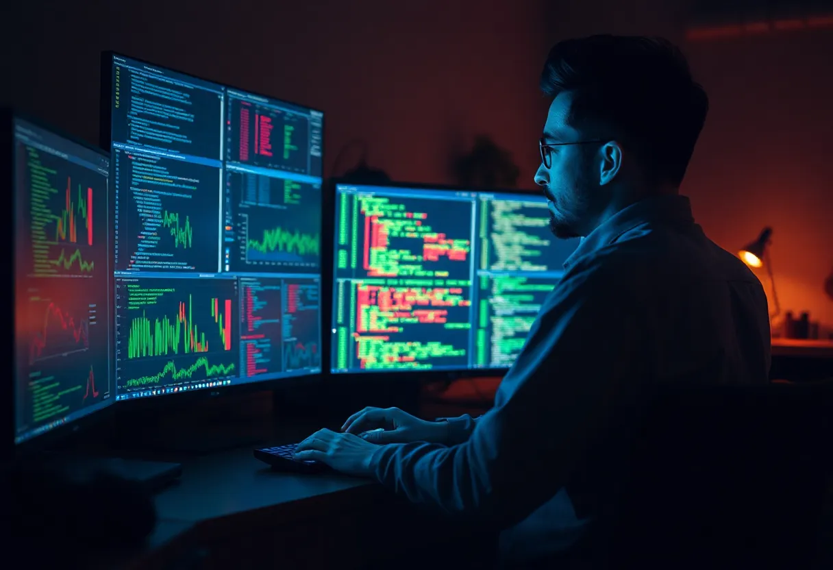 An engineer at a standing desk late at night studying monitors full of graphs