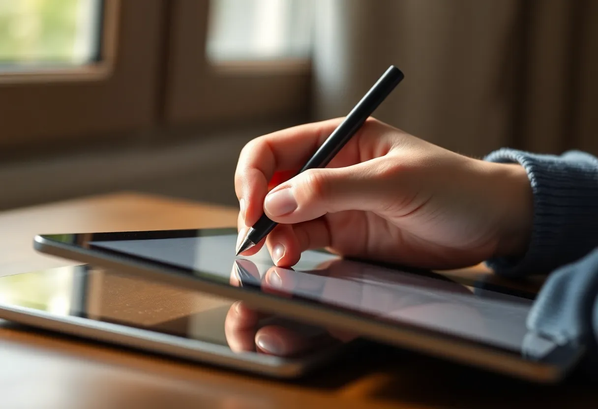 A hand resting its palm on a tablet screen while writing with a stylus