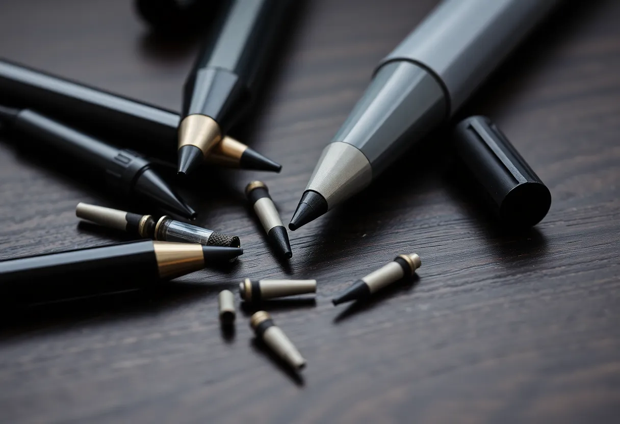 Several worn stylus nibs and replacement tips on a dark wooden desk