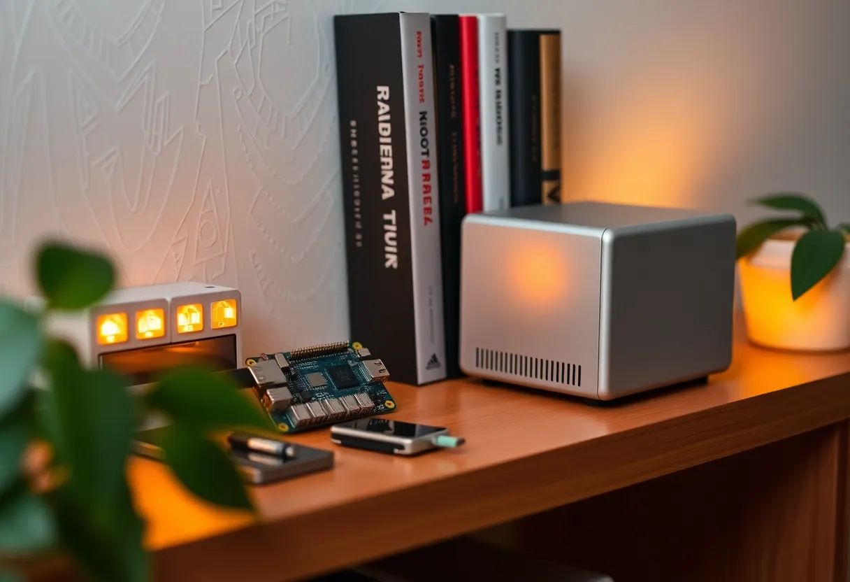 Raspberry Pi and a mini PC on a bookshelf connected to a small network switch