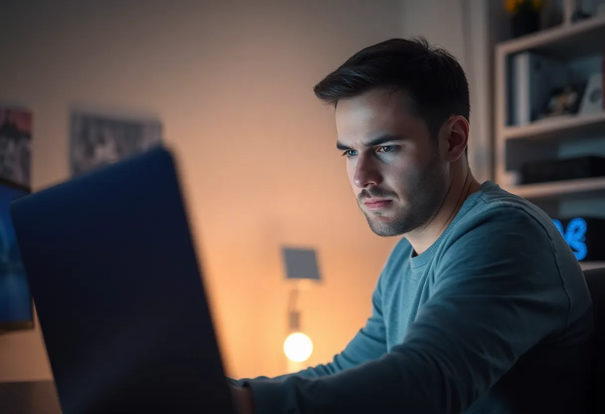Man frowning at a laptop in a dim home office with a small NAS on the shelf behind him