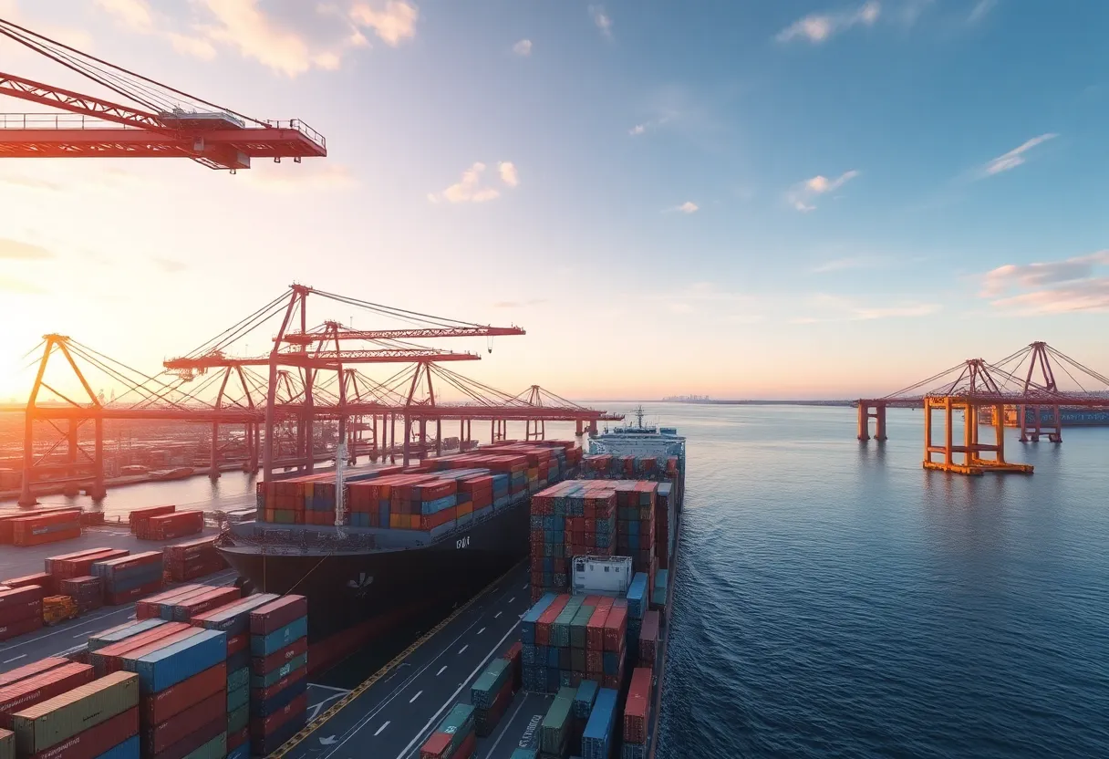 Cranes loading colorful shipping containers onto a cargo ship at a busy port at dawn
