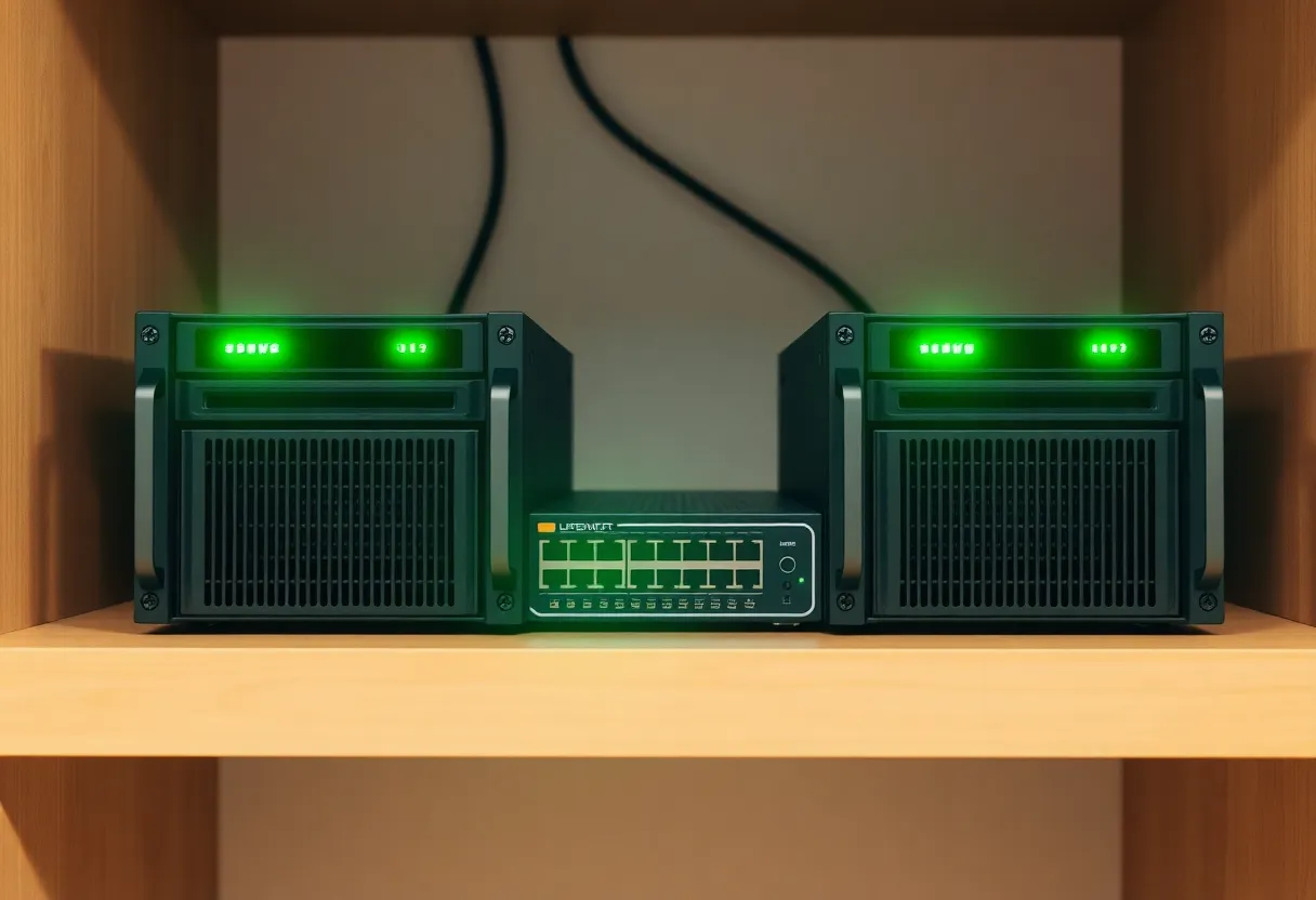 Two identical small rack servers side by side with a network switch between them
