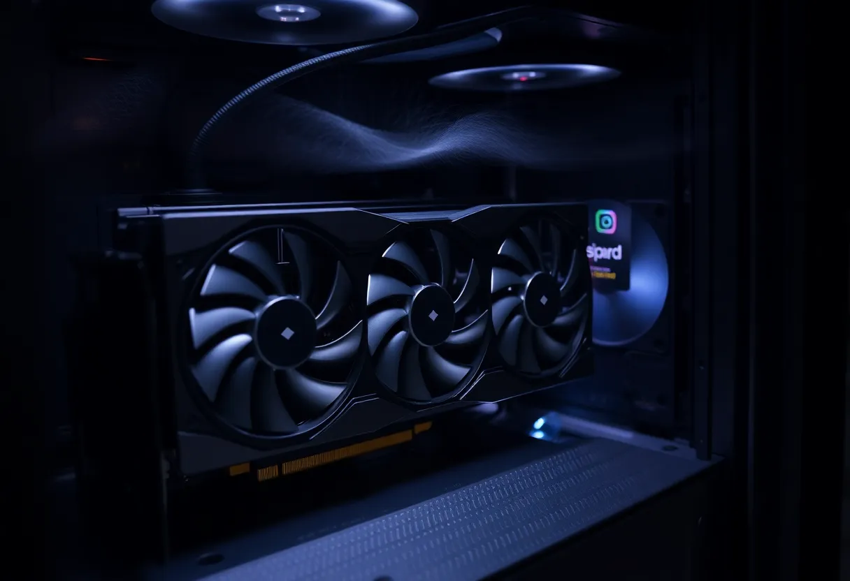 Close-up of a large three-fan graphics card inside a PC case with faint heat shimmer above it