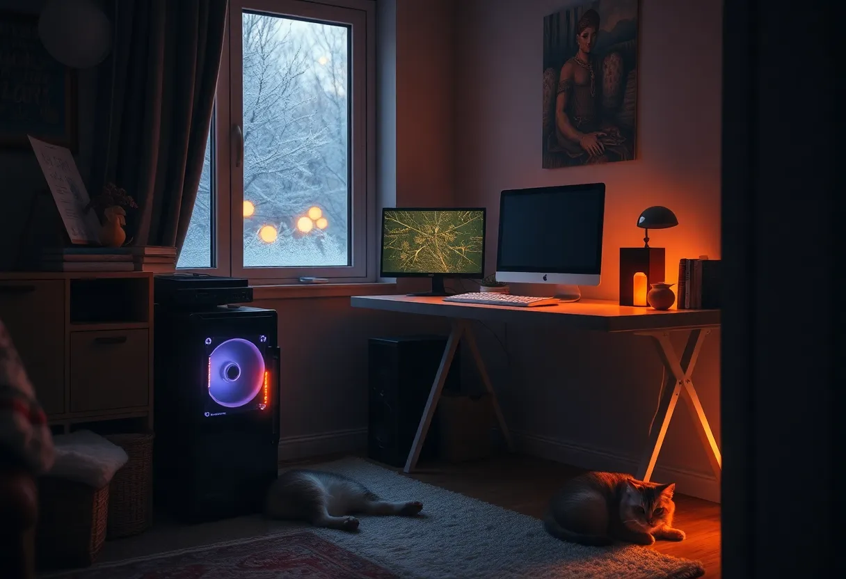 A small home office in winter with a computer tower under the desk and a cat sleeping near its warm exhaust
