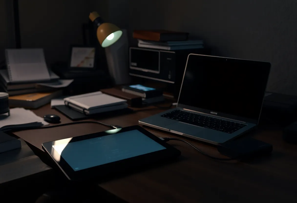 An e-ink tablet connected by USB cable to an old laptop on a home office desk at night