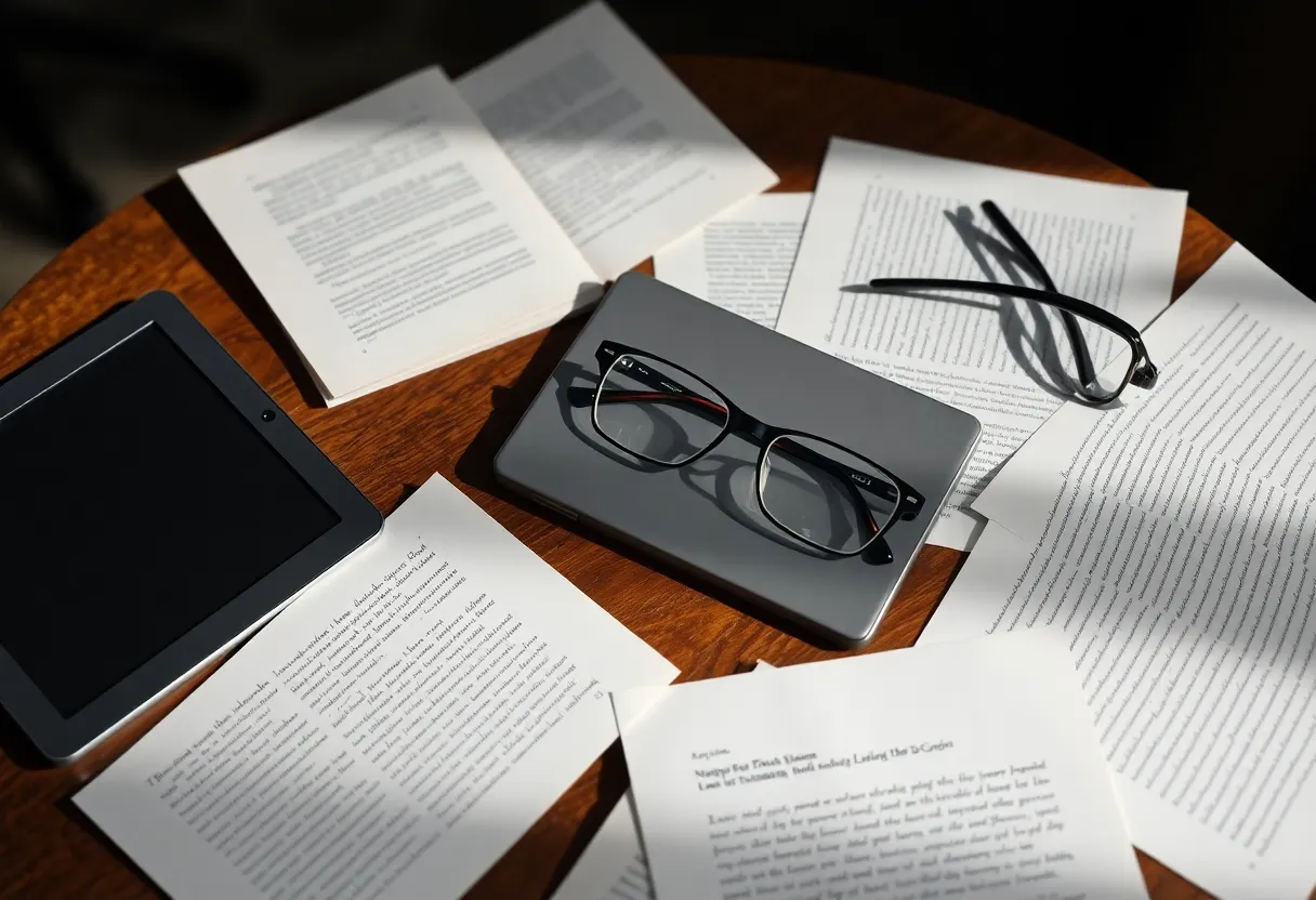 Printed pages of handwritten notes on a table beside a closed e-ink tablet and reading glasses