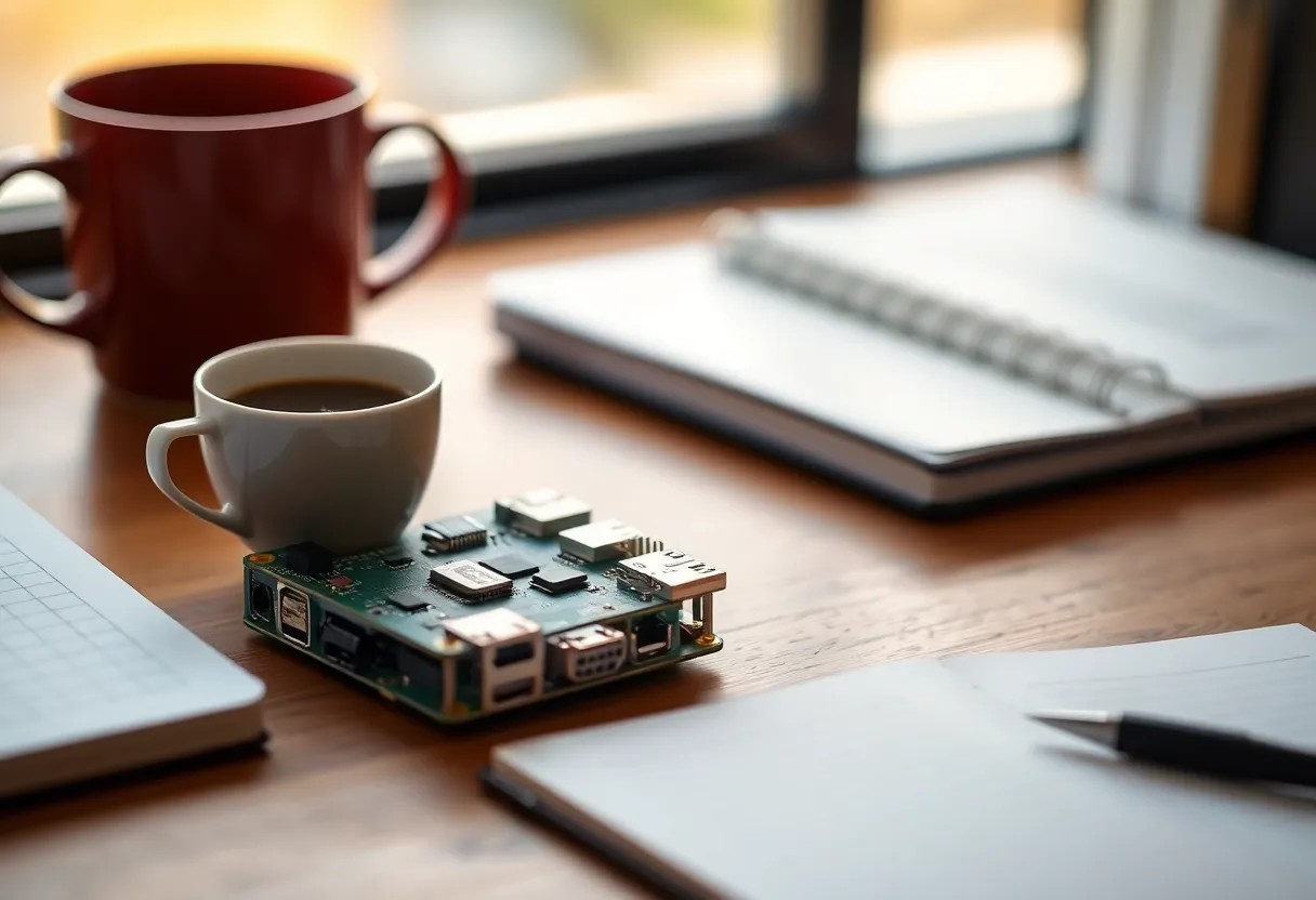 Raspberry Pi in a small case with a heatsink on a desk beside a coffee cup