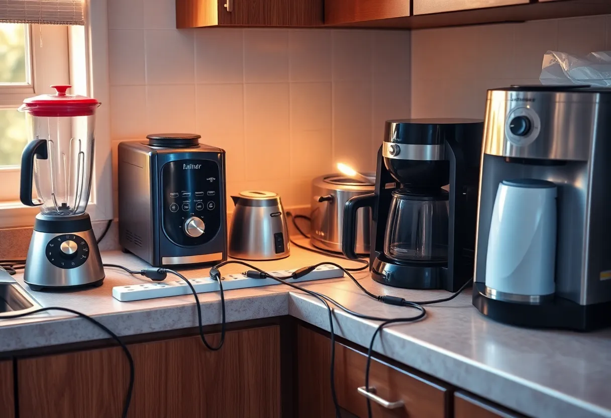 Crowded kitchen counter with many appliances plugged into a single power strip
