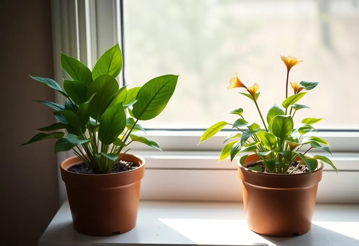 Two nearly identical potted plants on a windowsill, one healthy and one slightly wilted