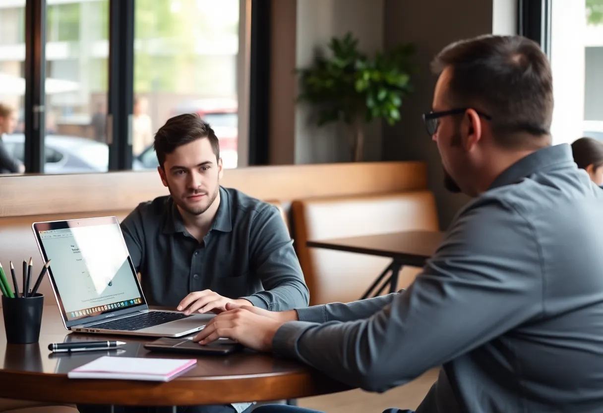 A freelance developer showing a client a laptop screen at a cafe table