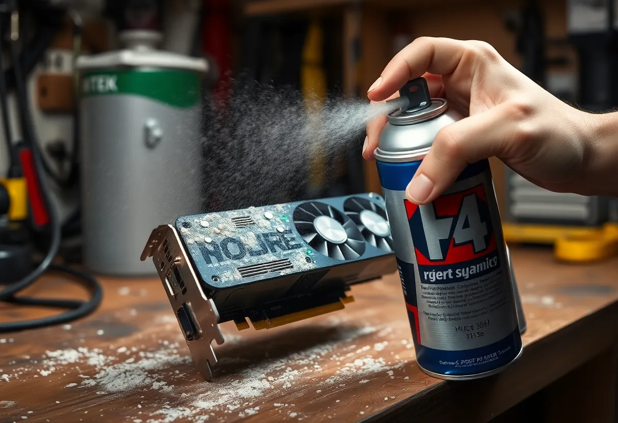 Hands cleaning a dusty graphics card with compressed air on a garage workbench