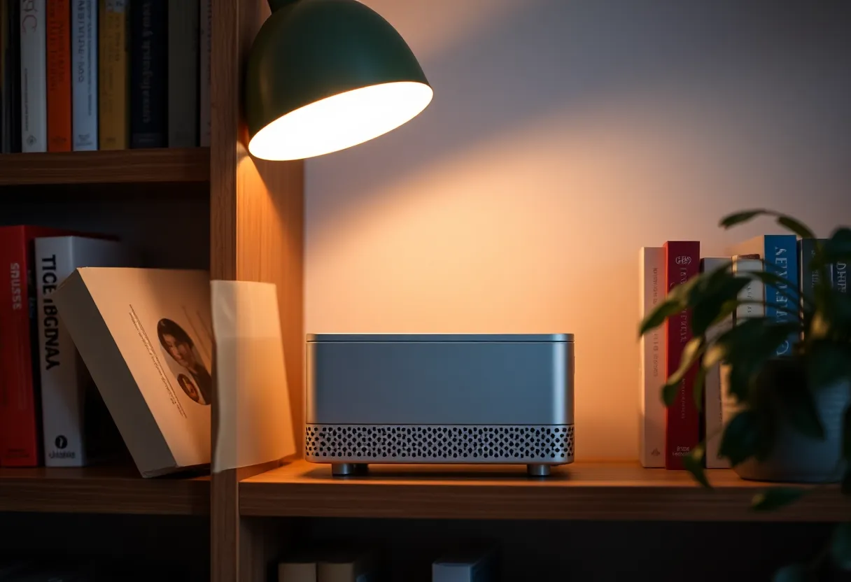 A small silver mini PC on a living room bookshelf between books and a plant with a tiny status light glowing