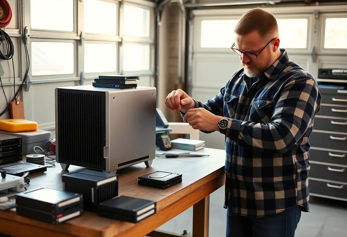 Man at a garage workbench opening a small mini PC with used hard drives stacked beside him