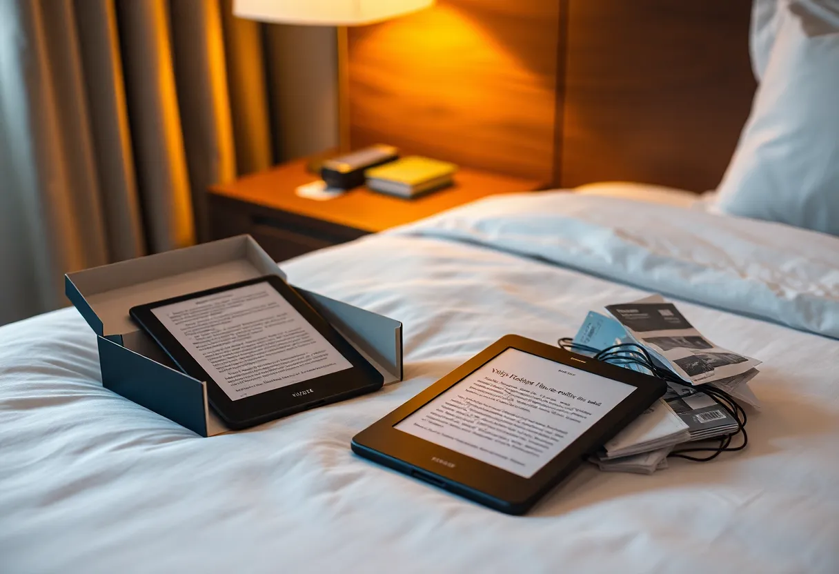 A freshly unboxed e-reader on a hotel bed beside its open box and packaging