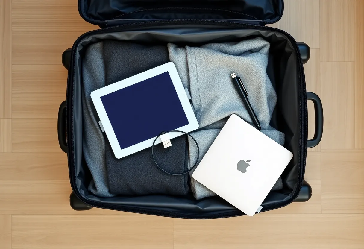 An open carry-on suitcase with an e-ink tablet, USB-C cable, laptop, and stylus laid out on folded clothes