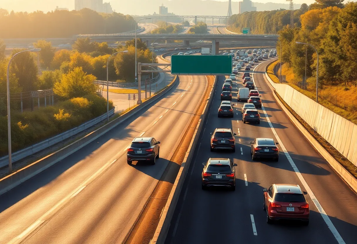 Cars bunching up where a single-lane on-ramp merges into rush-hour traffic