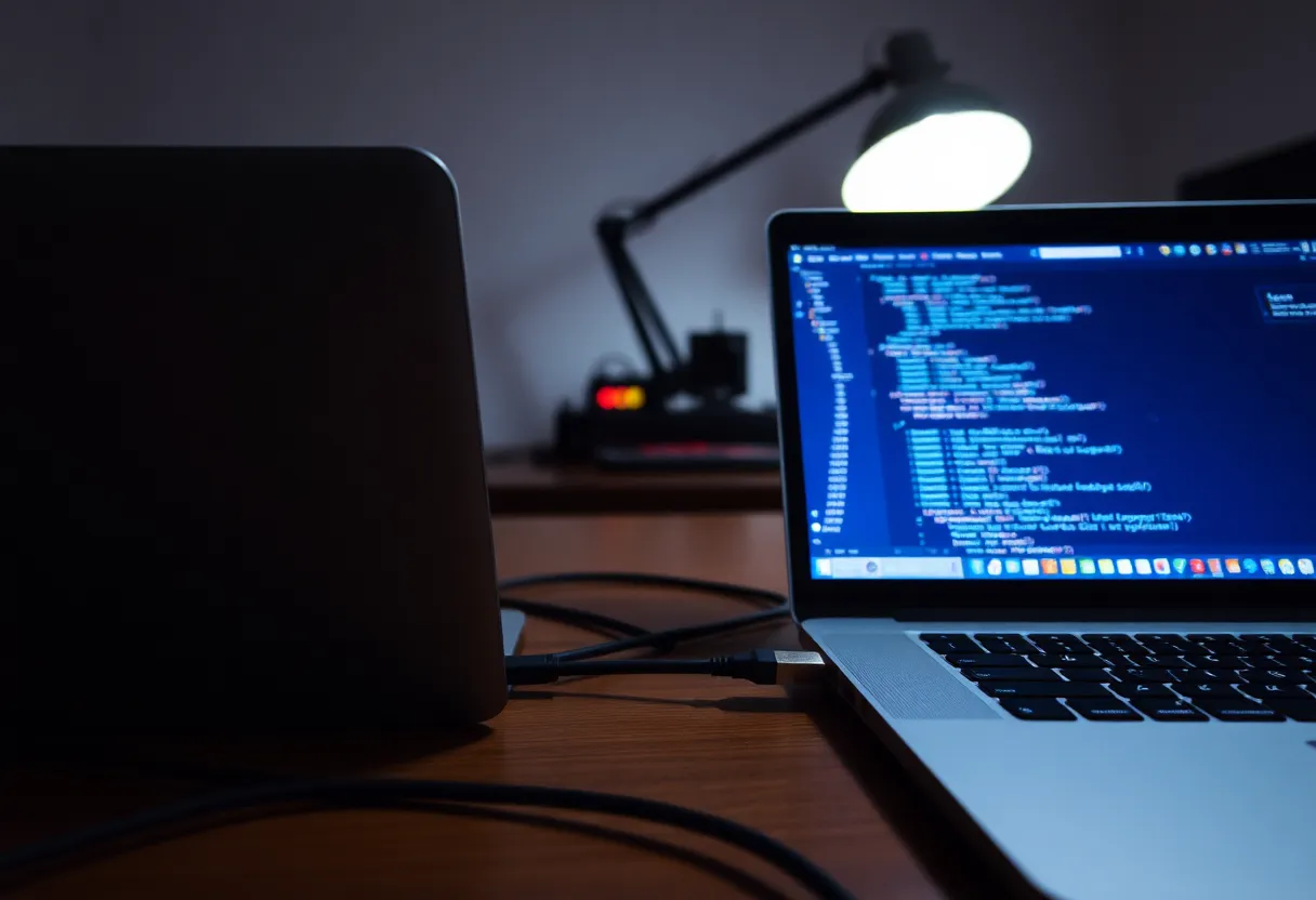 Two laptops on a dim desk connected by an ethernet cable, one running hot