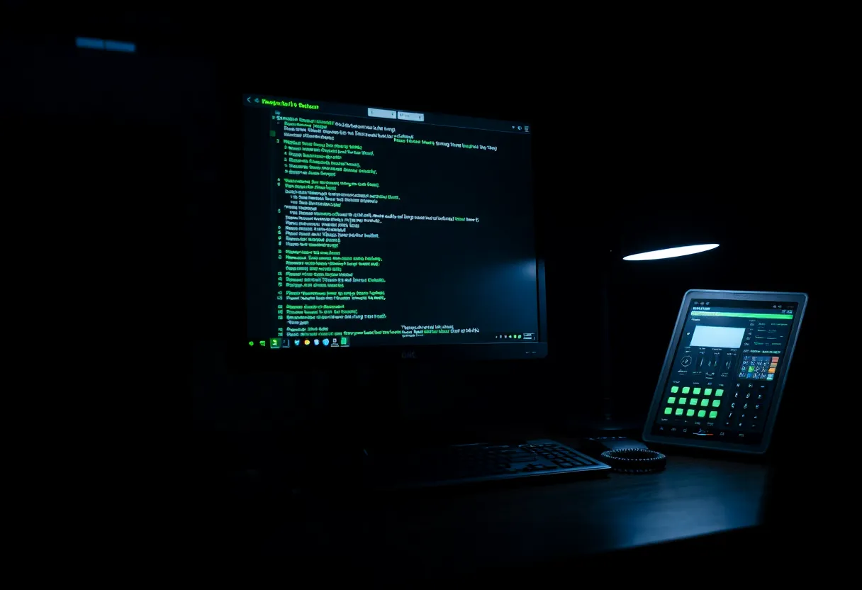 Homelab monitor with green checks and a phone, night desk