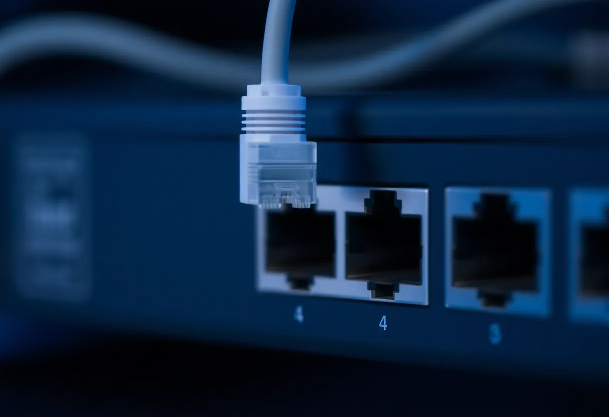 An unplugged ethernet cable hanging loose beside a small network switch with dark ports
