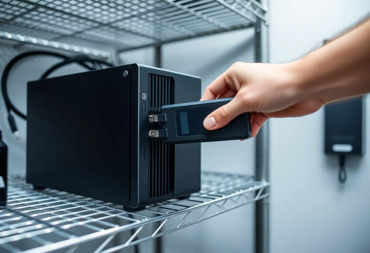 A hand plugging a rugged portable SSD into a compact server on a metal shelf in a small equipment room