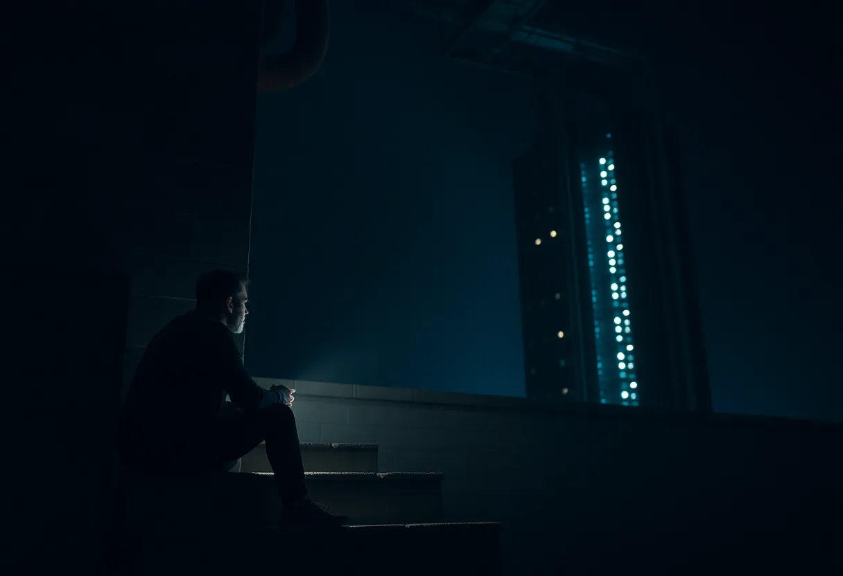 Man on a basement step at night with a flashlight looking at a dark server tower